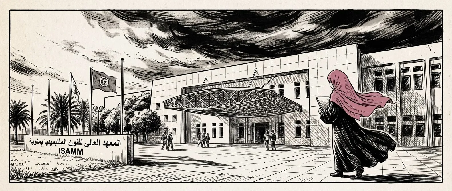 Ines walking into ISAMM, the Higher Institute of Multimedia Arts of Manouba