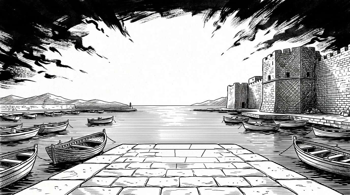 The old port of Bizerte at dawn: the night ink draws back over the Kasbah walls and the fishing boats