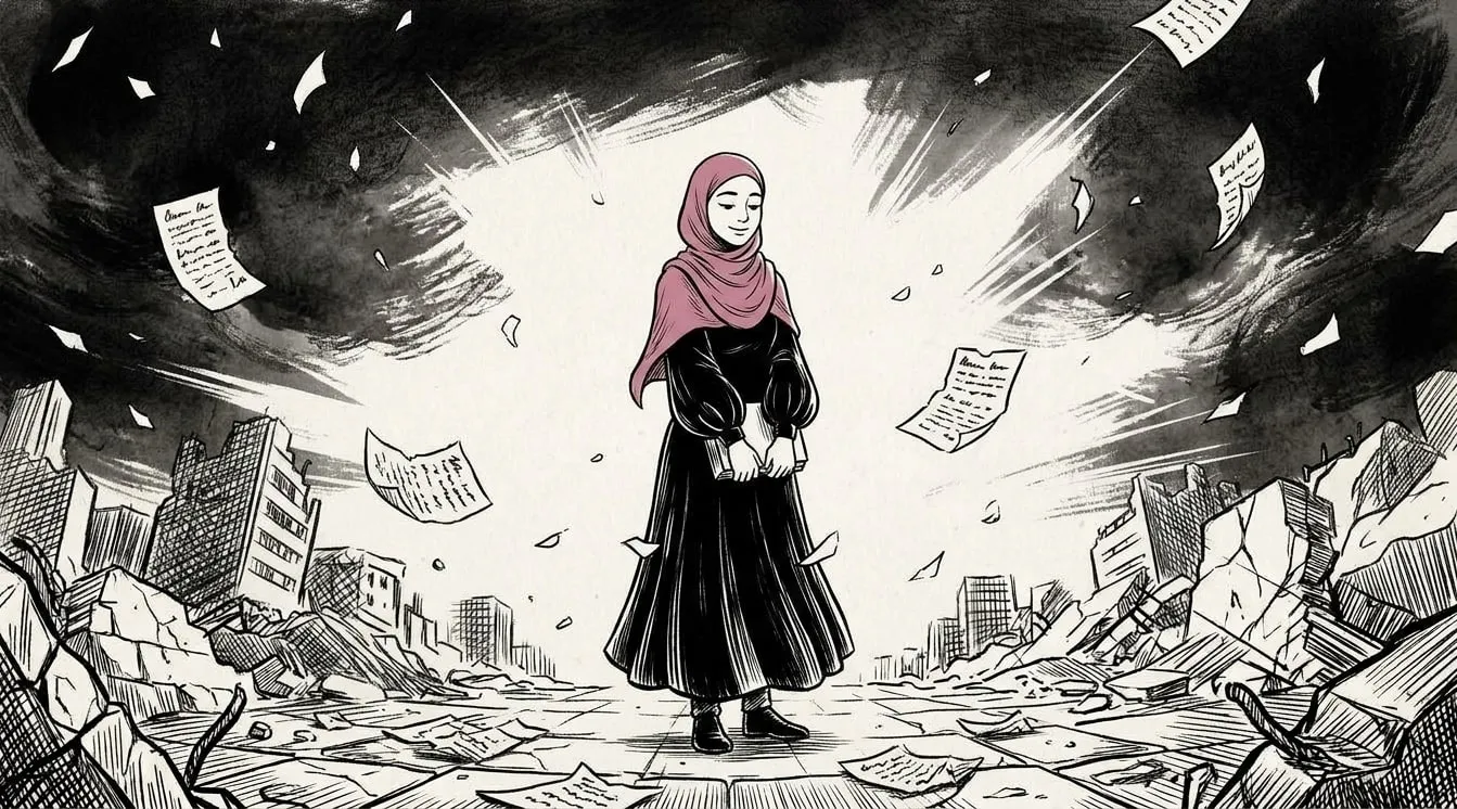 Ines alone in the quiet plaza at dawn, closing her book, ash and torn fake documents falling like snow