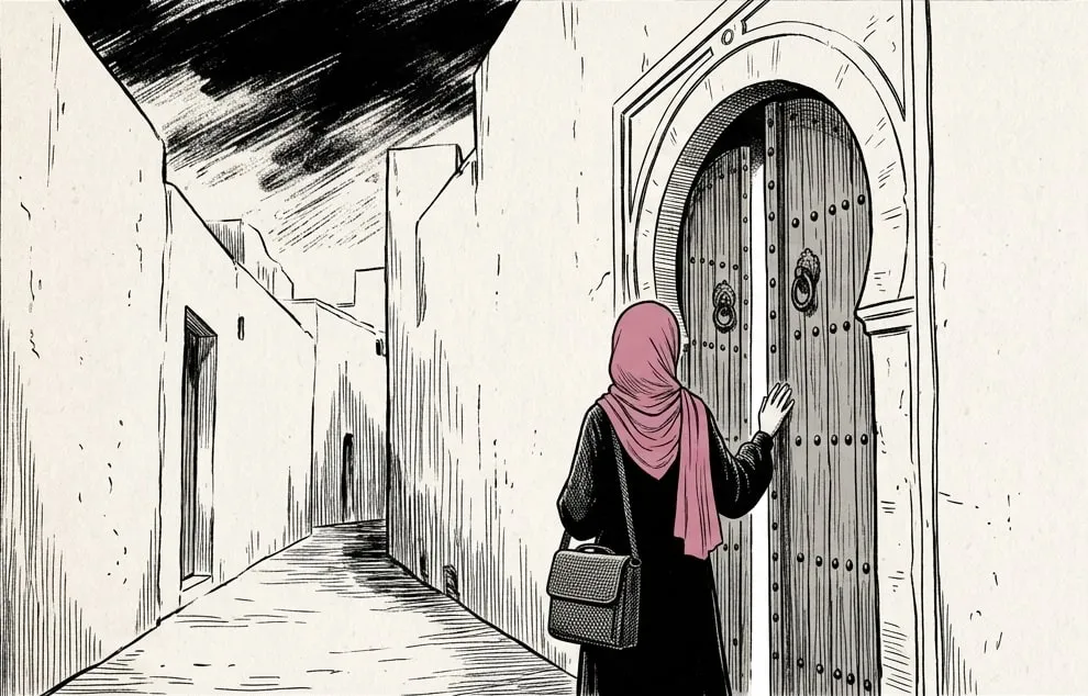 Ines pushing open an old studded door in a street of the Tunis medina