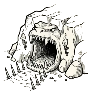 a cave mouth shaped like jaws, with spikes