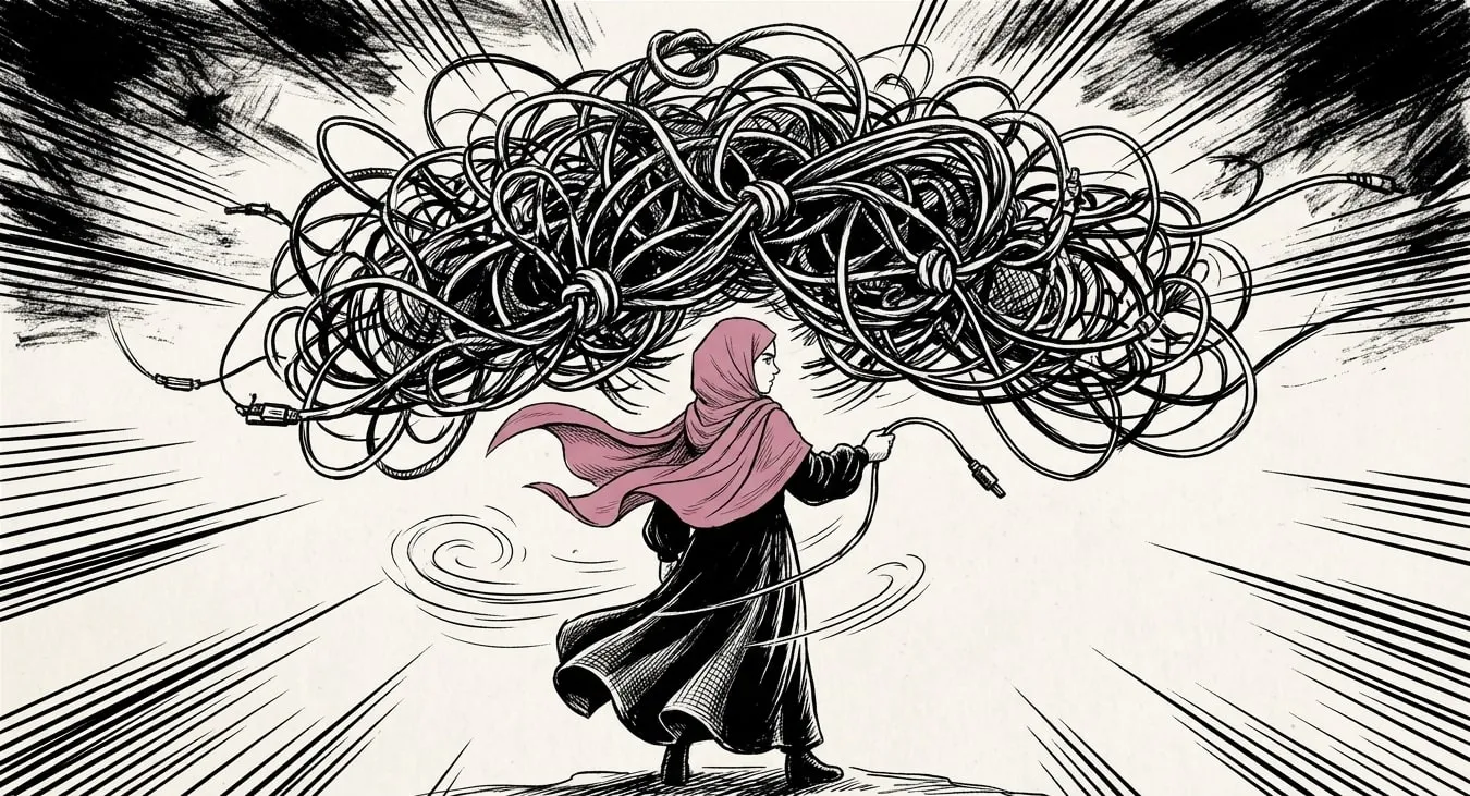 Ines facing the giant tangle and pulling one of its threads