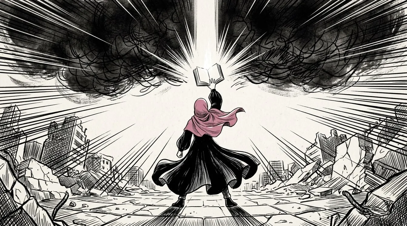 Ines seen from behind in a wrecked plaza, holding an open book high, a beam of light shooting out of it