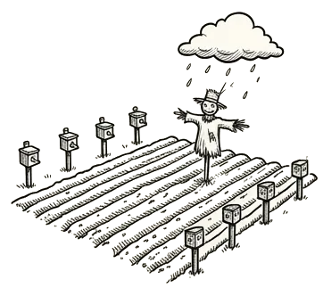 a farm field with sensor posts and a scarecrow