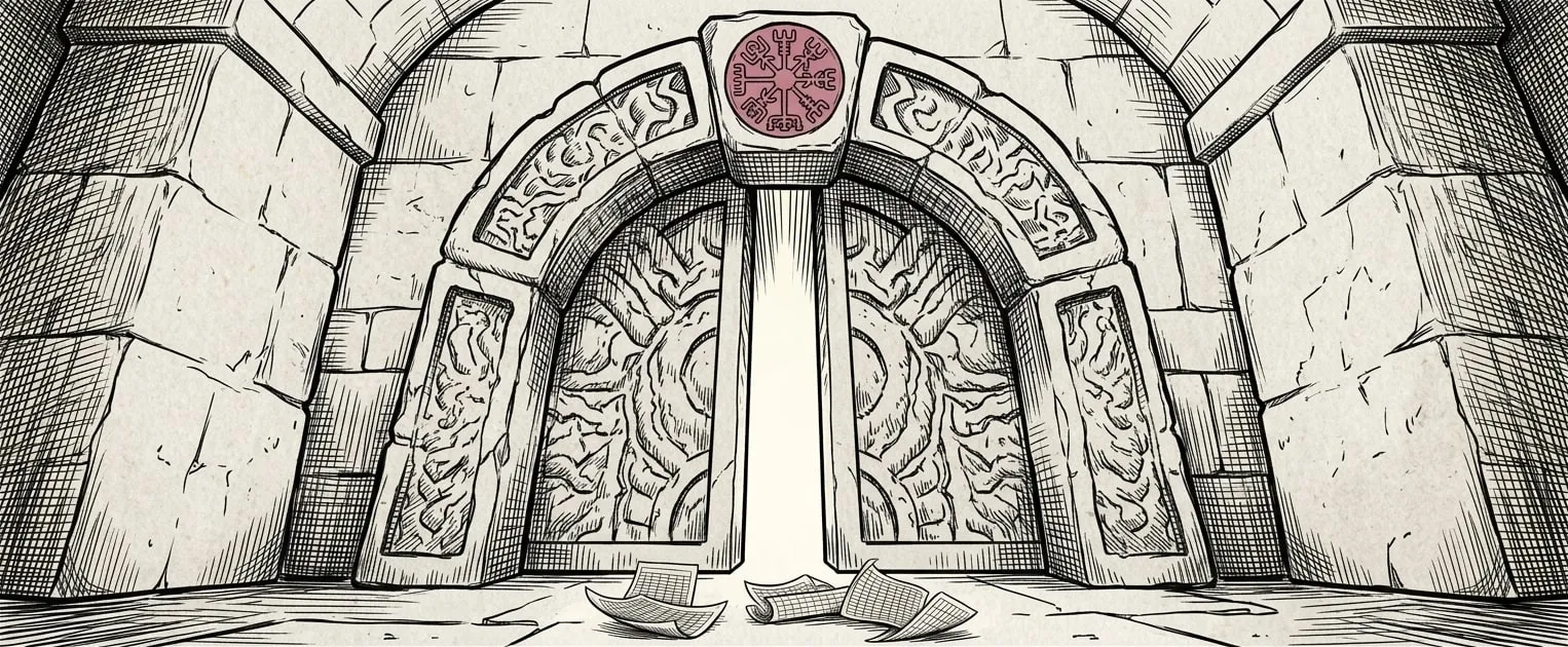 A heavy stone gate with a rose rune in its keystone, a narrow passage of clean light, rejected crumpled sheets on the floor