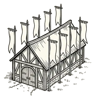 a guild hall with seven banners