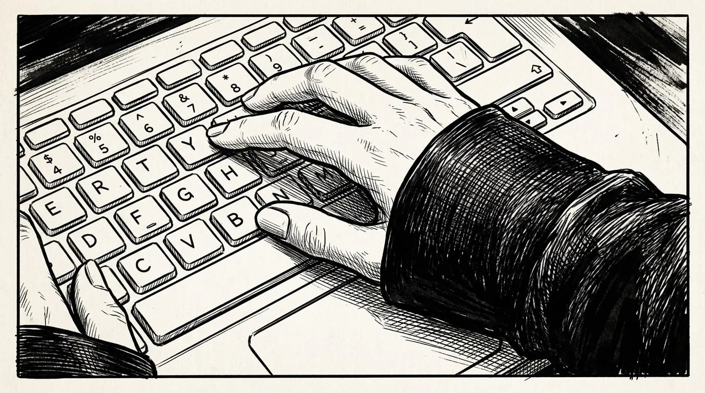 Close-up of her hand typing on a laptop