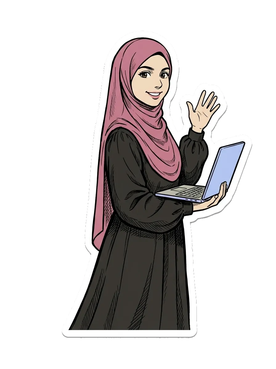Ines drawn in colour: a rose hijab and a black abaya, waving, an open laptop under her arm
