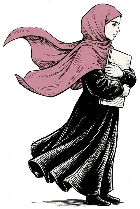Ines, in a pink hijab and black abaya, holding a laptop in the wind