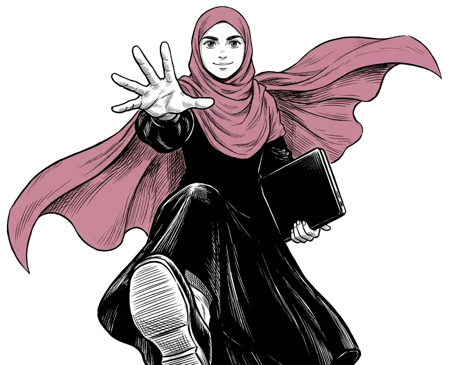Ines stepping out of her comic panel toward the reader, one hand reaching out, a laptop under her arm