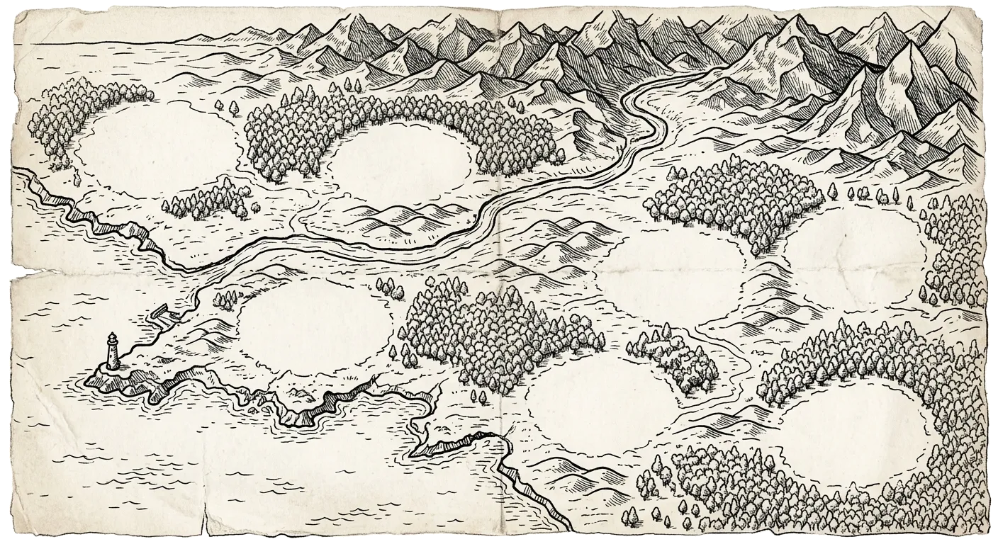 A hand-drawn map with the eight projects as places, joined by one rose route