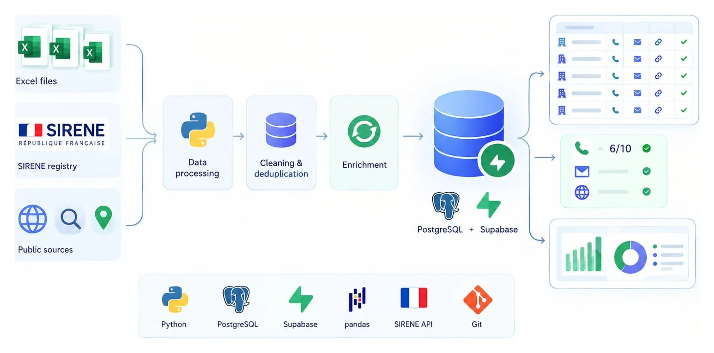 Diagram of the pipeline: Excel files, the SIRENE registry and public sources go through processing, cleaning and deduplication, then enrichment, into PostgreSQL on Supabase, and out as campaign files, checked contacts (6 out of 10 reachable) and dashboards