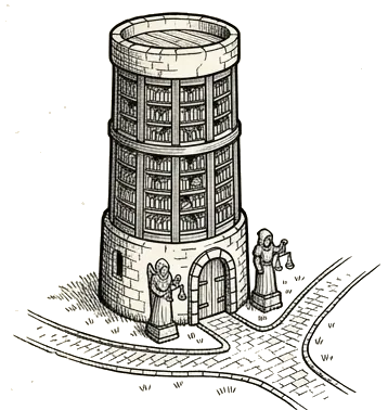 a library tower guarded by a statue holding scales