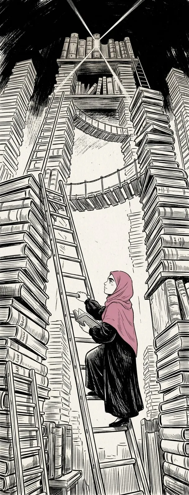 Ines climbing a ladder between towers of law books, two beams of light crossing on one book at the top