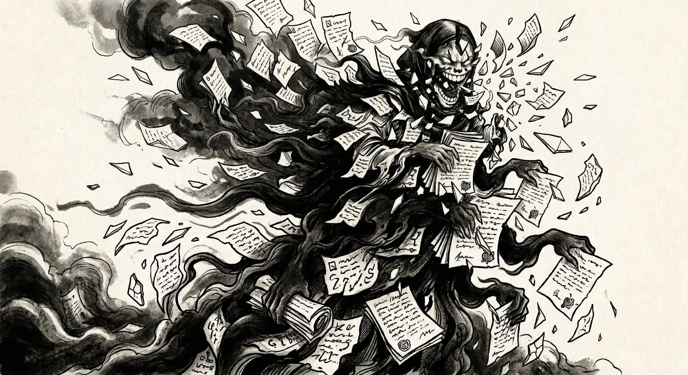 The Hallucination exploding into paper shards and smoke