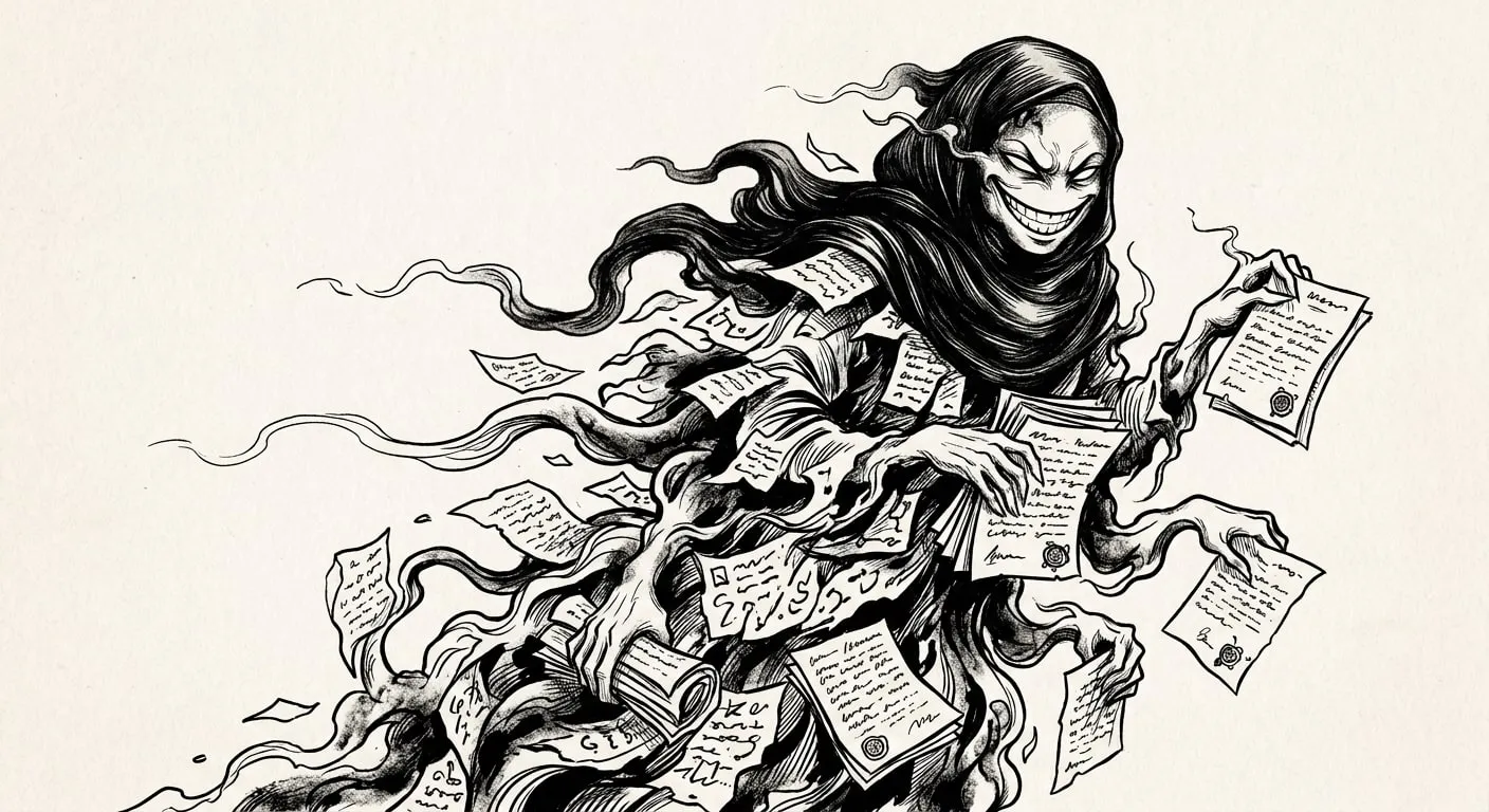The Hallucination: a grinning spirit of ink smoke and fake documents with fake seals