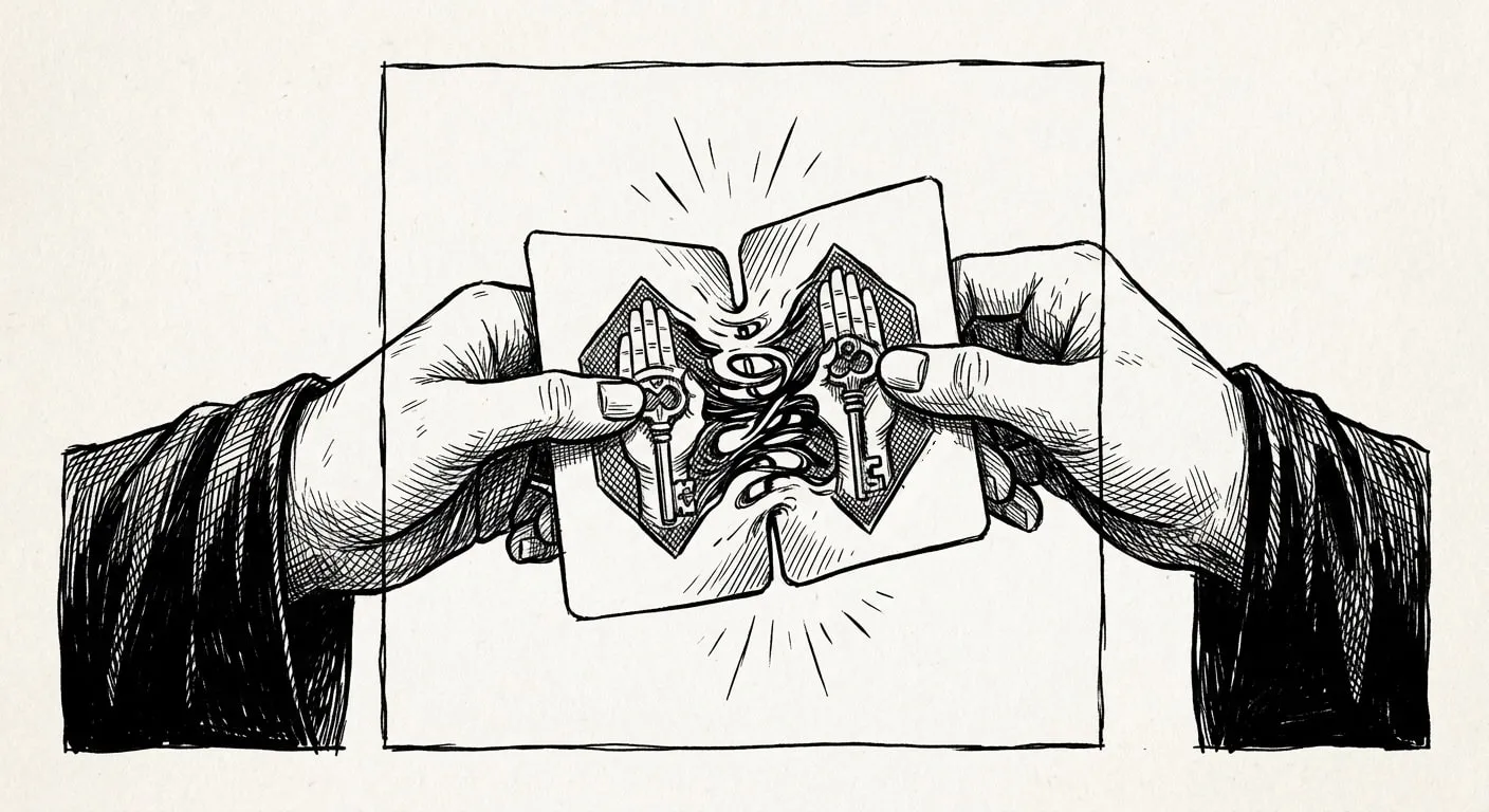 Close-up of Ines's hands pressing two identical record cards together until they melt into one