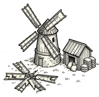 a windmill with four sails, five broken sails in the grass