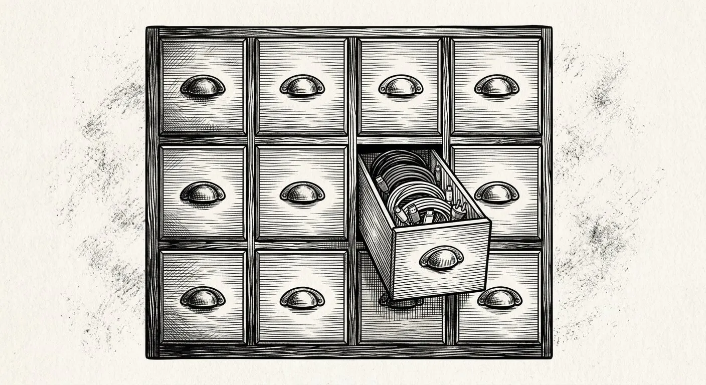 A neat cabinet of identical drawers, one open with coiled cables inside
