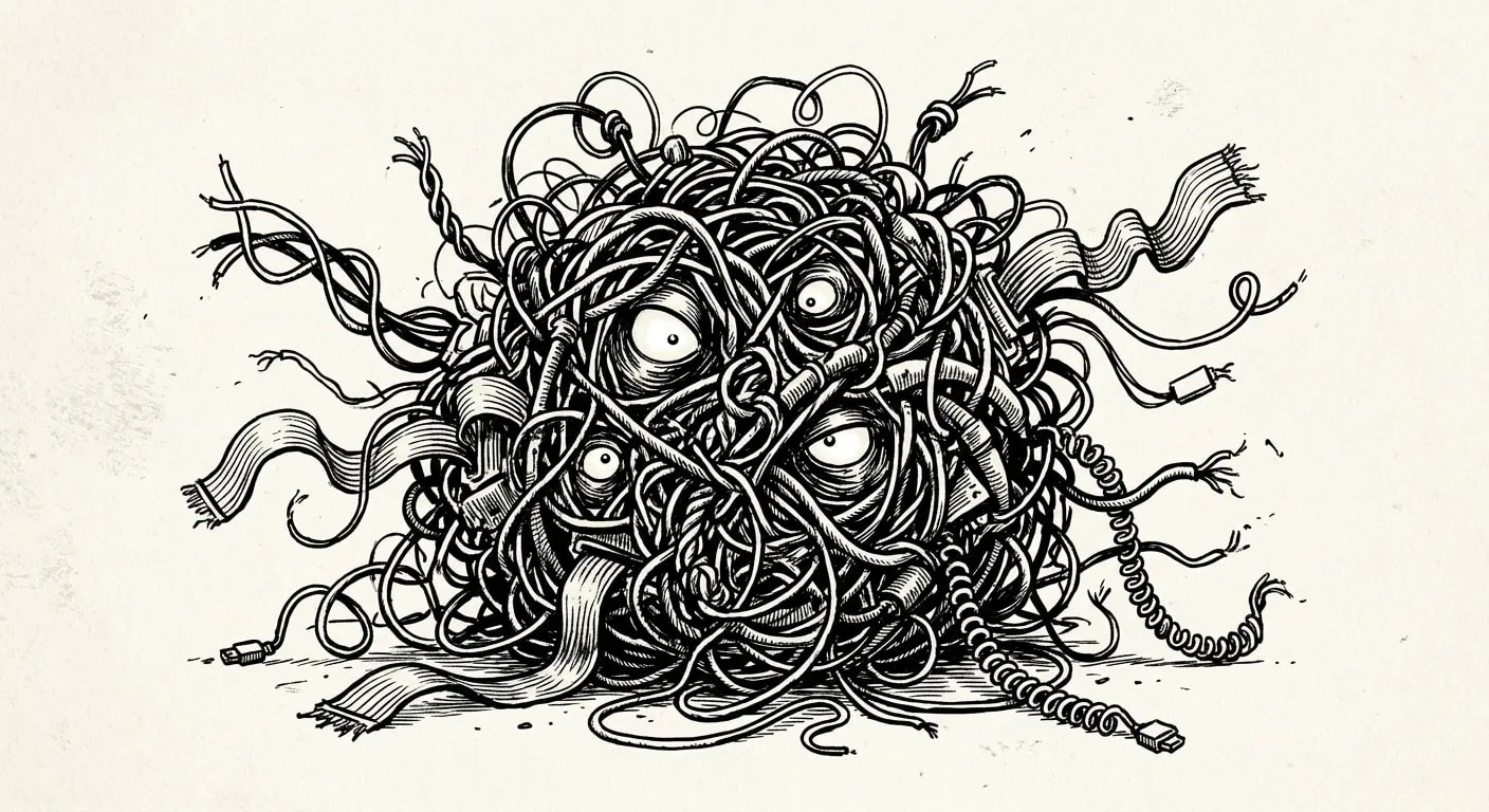 The legacy code drawn as a monster of knotted cables with many eyes