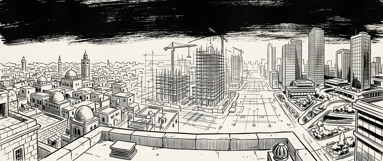 Urban Mind: from a rooftop, the Tunis medina on the left, buildings still drawn as plans in the centre, a finished modern city on the right