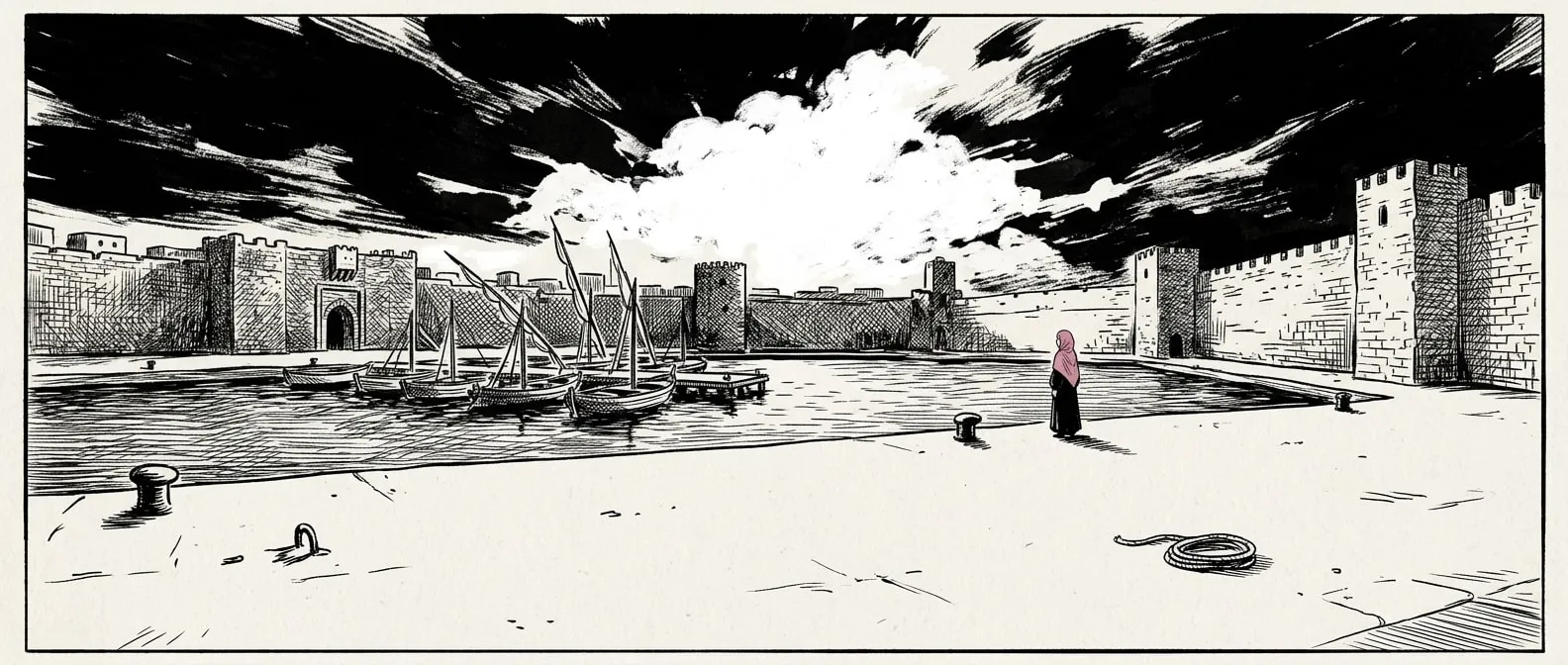 The old port of Bizerte at dusk, a small figure by the water