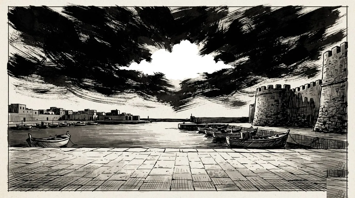 The old port of Bizerte under a stormy ink sky
