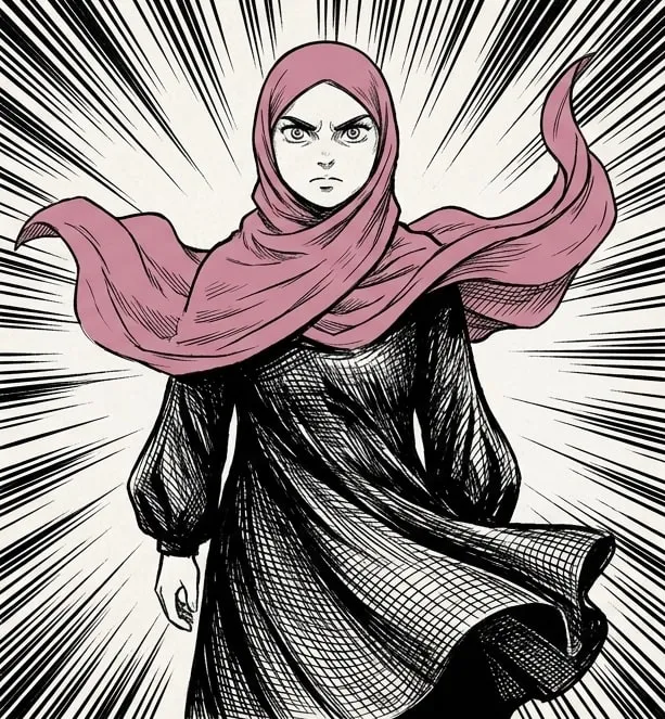Ines powered up, fierce, her hijab lifted by the wind