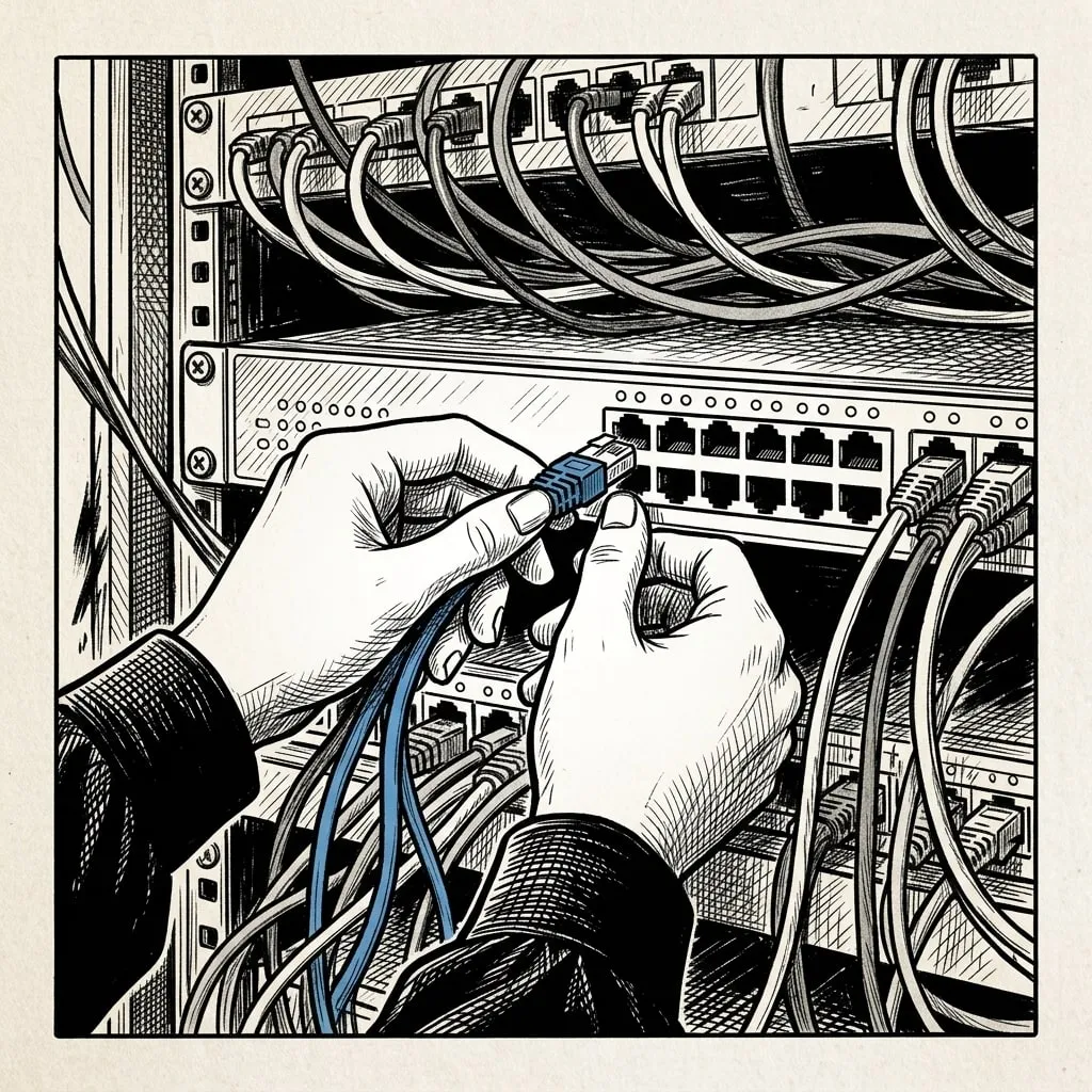 Her hands plugging a network cable into a switch