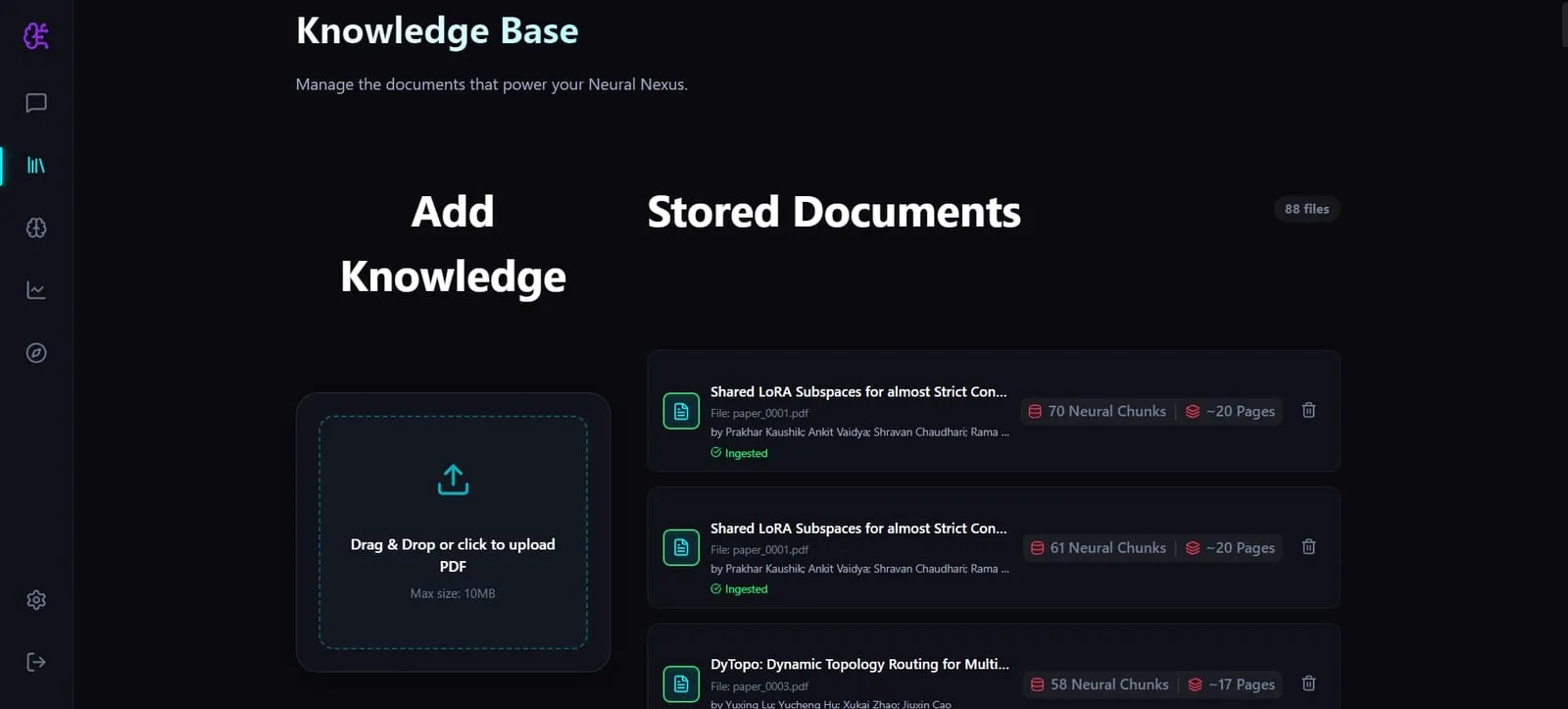 The knowledge base page: a PDF upload area and the stored research papers with their chunks and pages