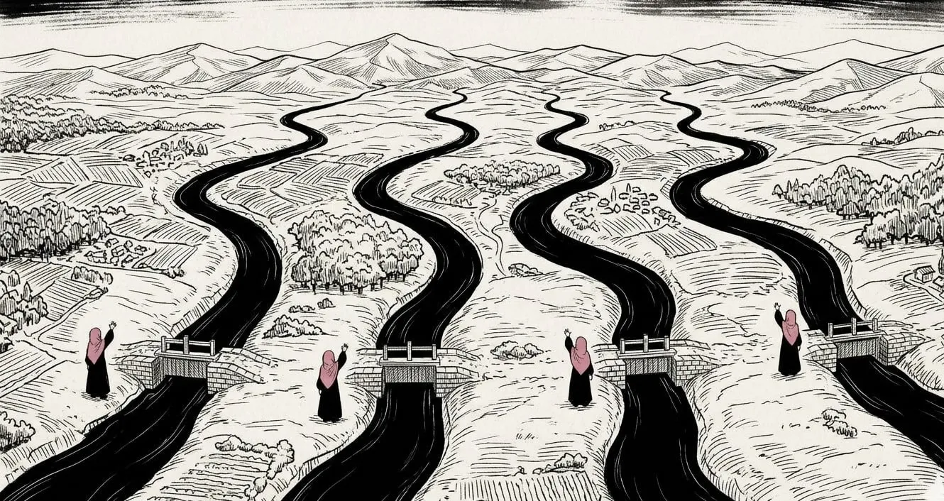 Four rivers of ink seen from above, each crossing a stone lock-gate where a small figure in a rose hijab raises a hand