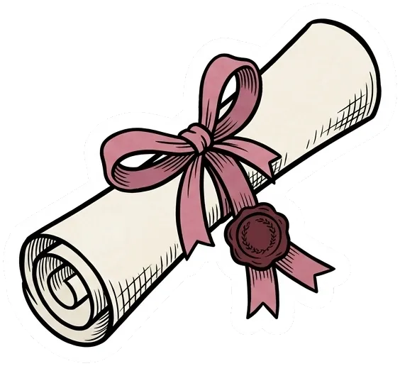 a rolled diploma tied with a rose ribbon and a wax seal