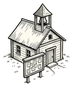 a schoolhouse with a notice board