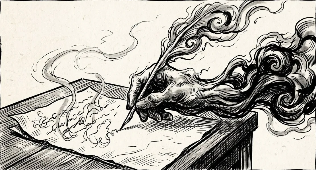A hand made of smoke writing wispy, fading strokes with a smoke quill