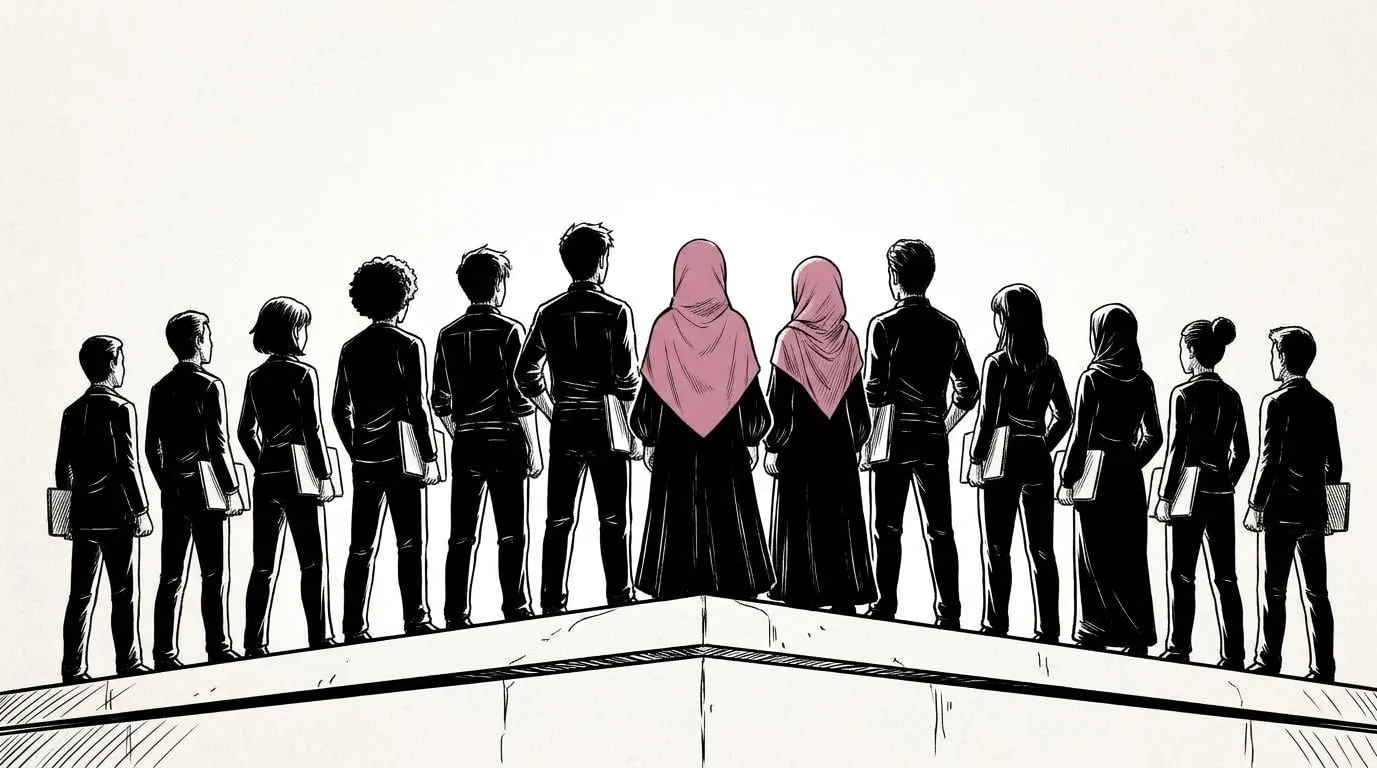 Thirteen young engineers seen from behind on a rooftop edge, Ines in the centre