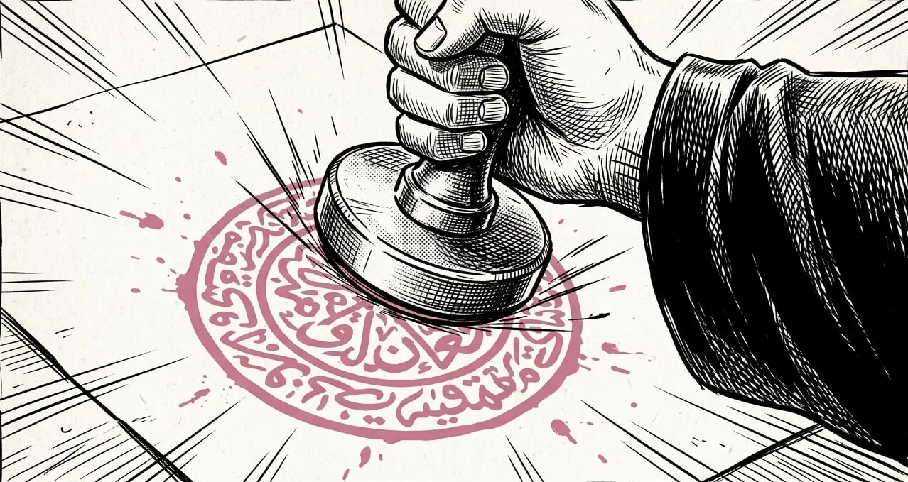 Ines's hand slamming a seal stamp onto paper, the rose ink splashing