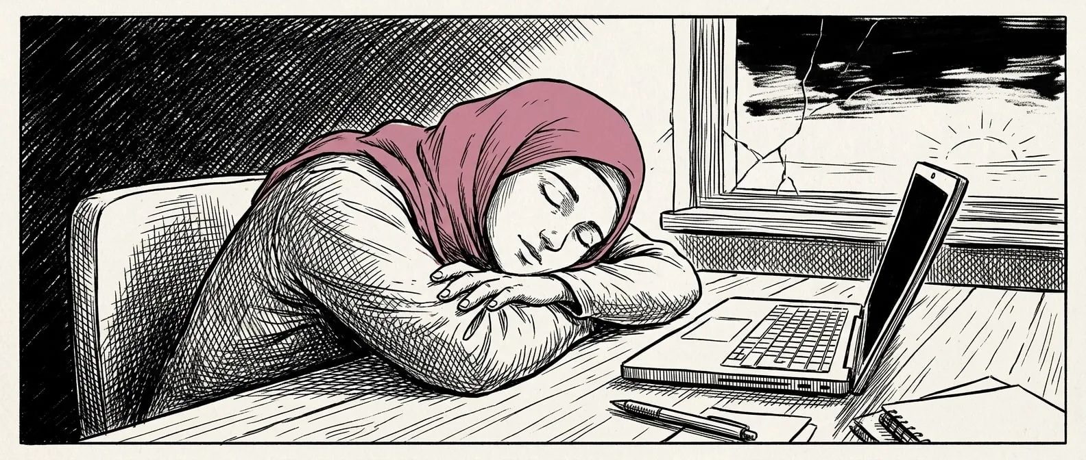 Ines asleep on her desk next to her laptop at sunrise