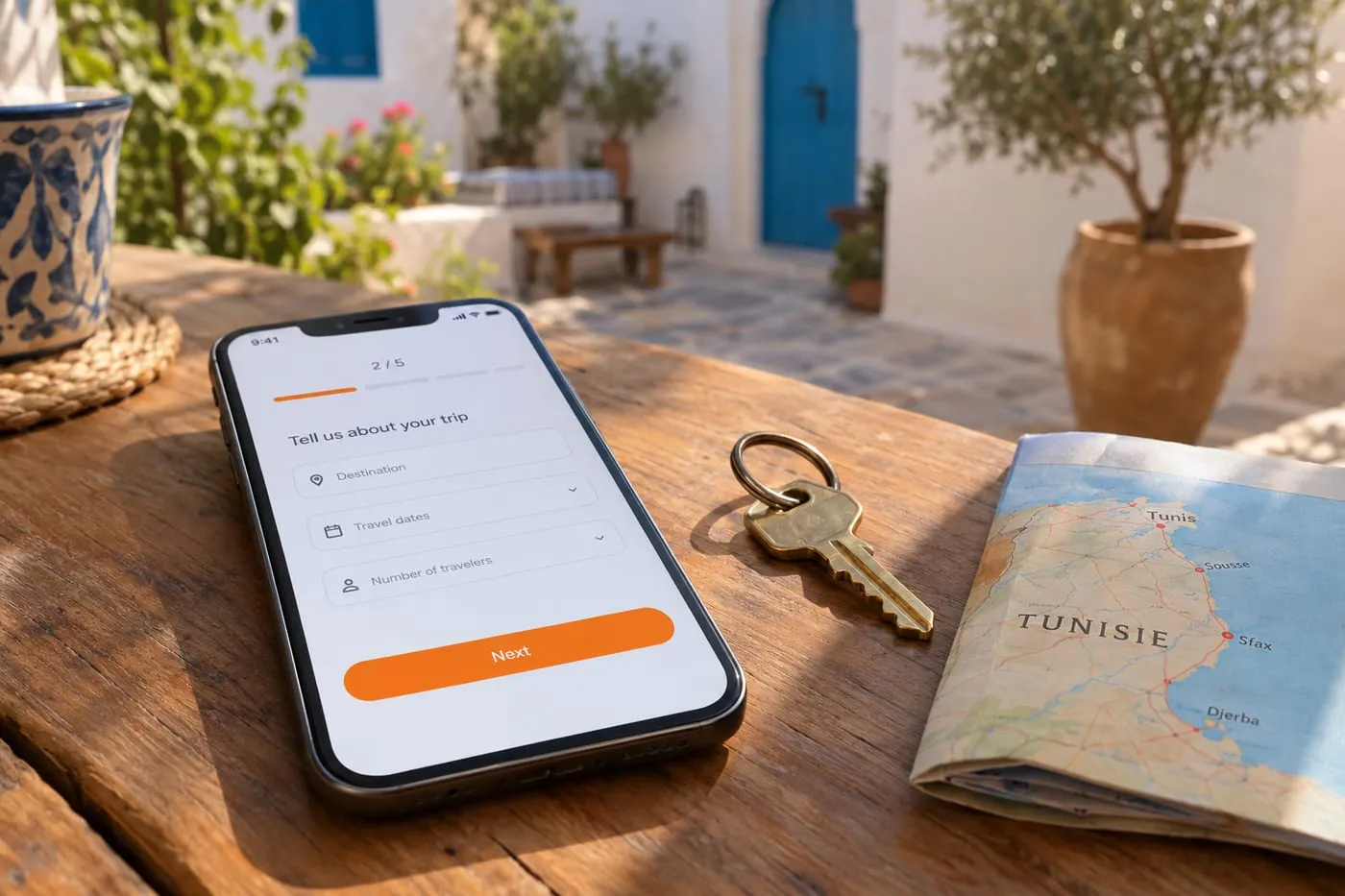 Illustration: a phone showing a trip form on a wooden table in a sunlit Tunisian courtyard, next to a house key and a map of Tunisia