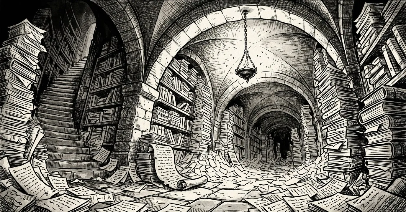 An underground archive vault: stone arches, shelves and towers of paper, a staircase coming down, one hanging lamp
