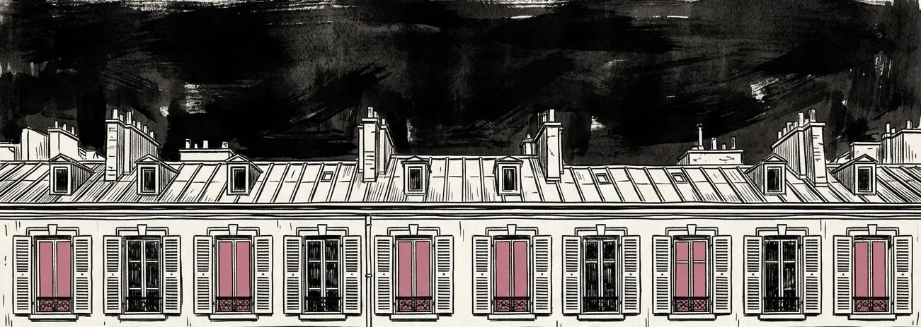 A Paris street facade at night, ten tall shuttered windows in a row, six of them lit rose