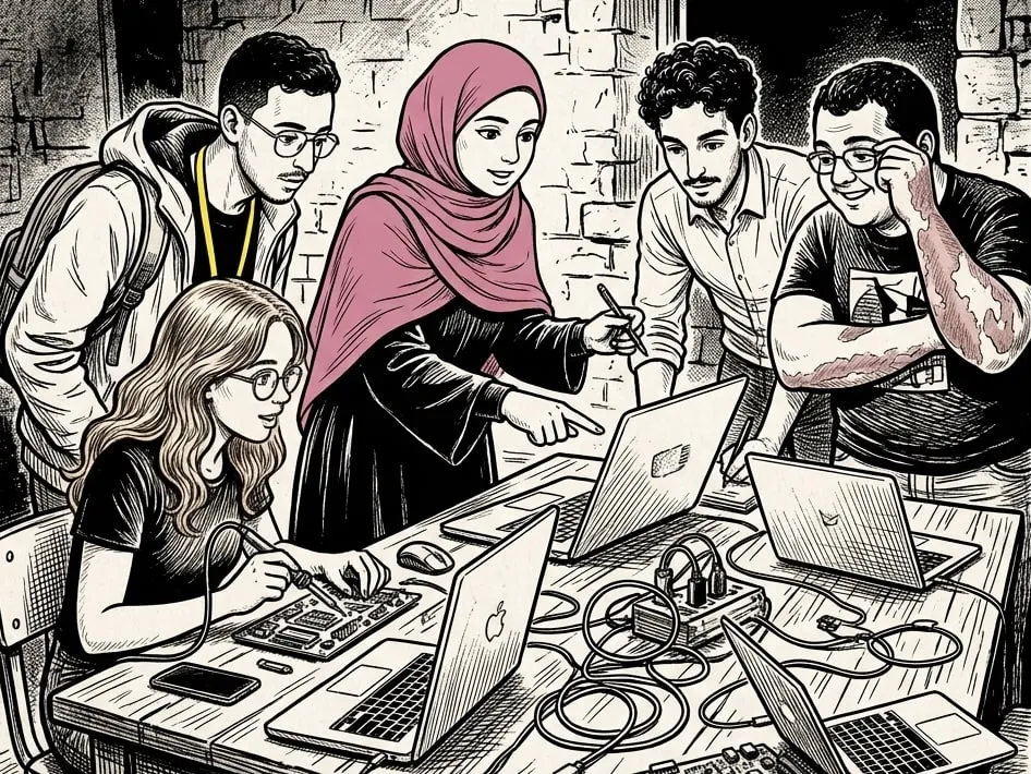 Ines showing a laptop screen to students around a workbench of laptops, cables and circuit boards at a GDG workshop