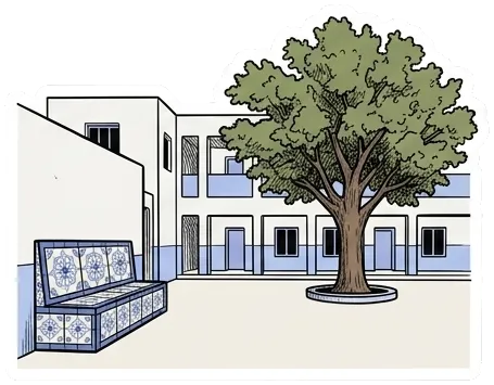 the ISAMM courtyard with its tree and tiled bench